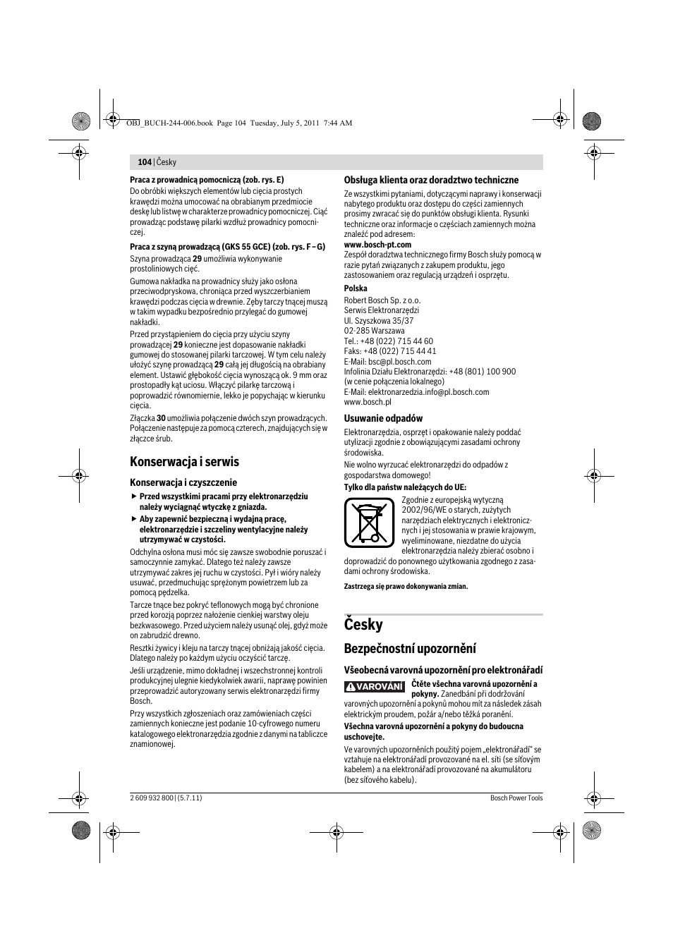 Česky, Konserwacja i serwis, Bezpečnostní upozornění | Bosch GKS Professional 55 User Manual | Page 104 / 213