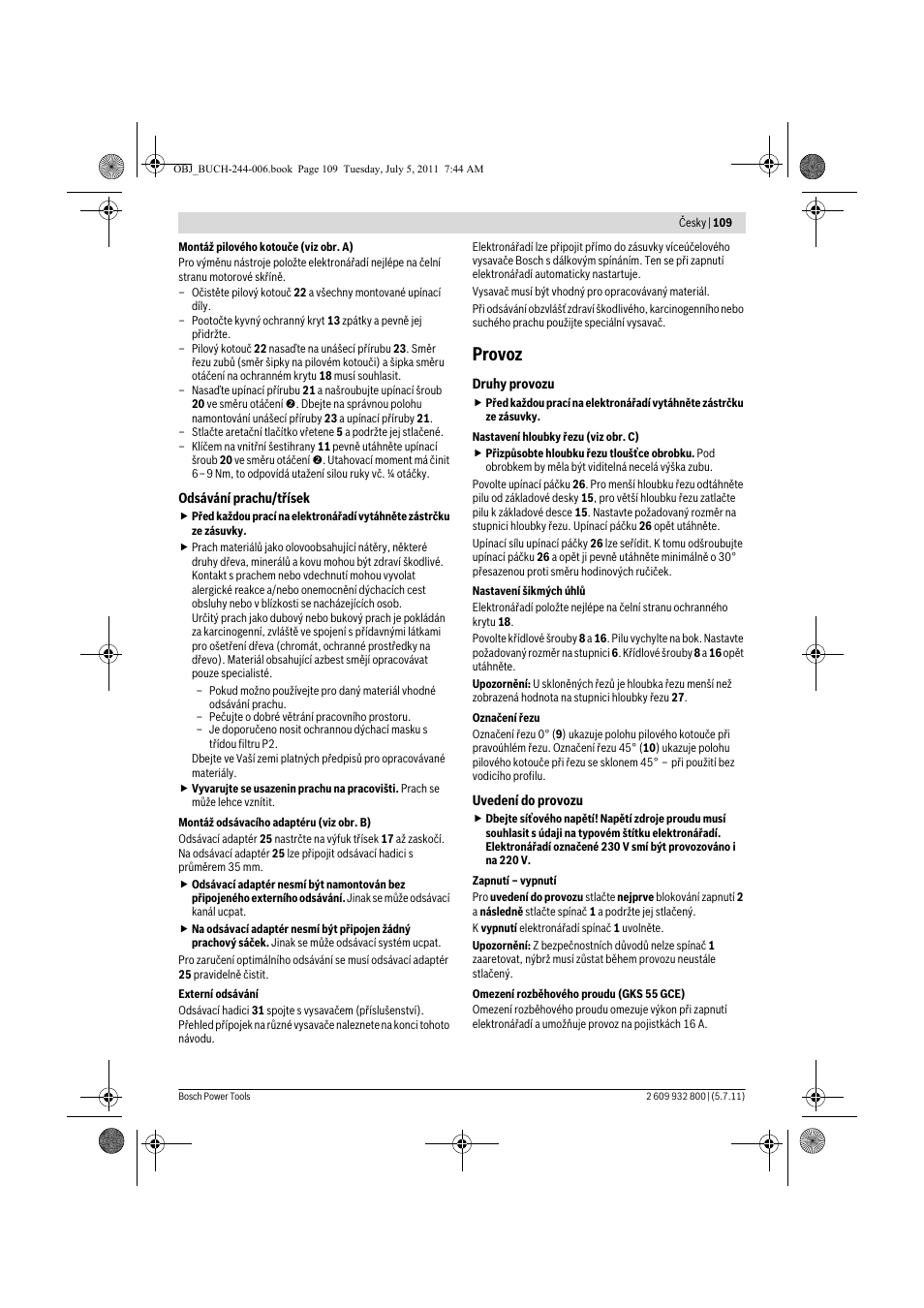 Provoz | Bosch GKS Professional 55 User Manual | Page 109 / 213