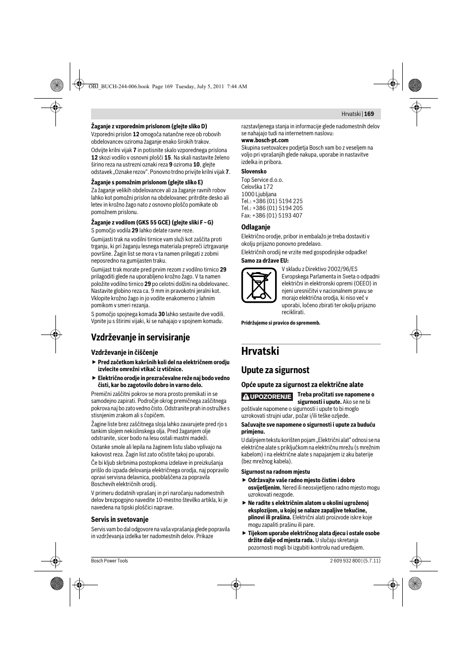 Hrvatski, Vzdrževanje in servisiranje, Upute za sigurnost | Bosch GKS Professional 55 User Manual | Page 169 / 213
