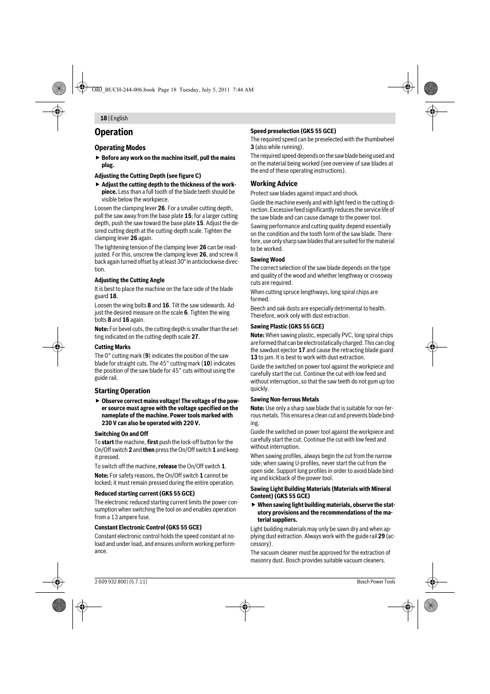 Operation | Bosch GKS Professional 55 User Manual | Page 18 / 213