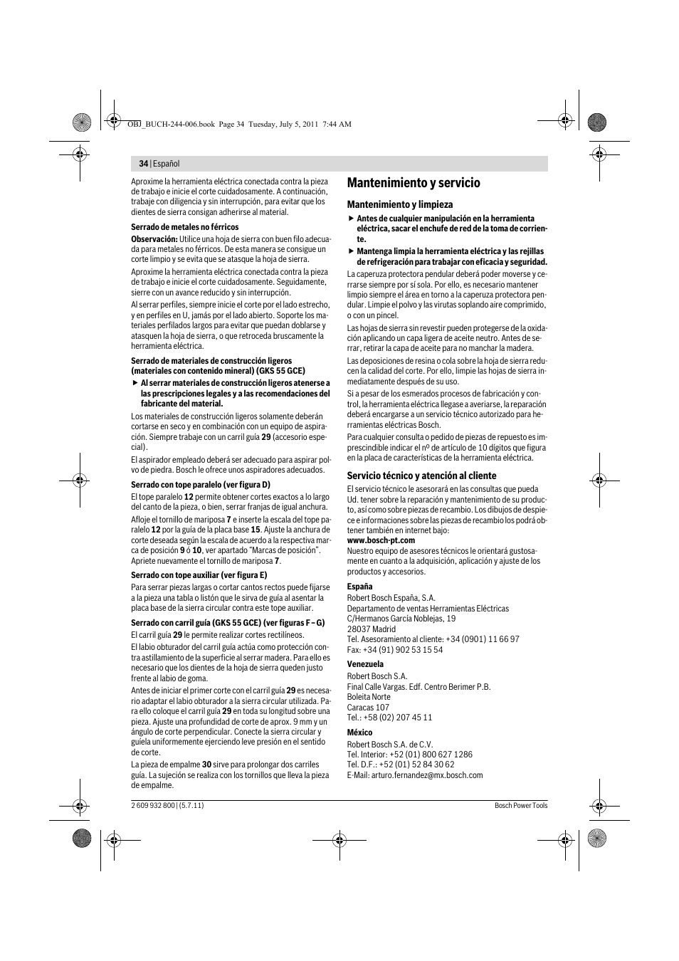 Mantenimiento y servicio | Bosch GKS Professional 55 User Manual | Page 34 / 213