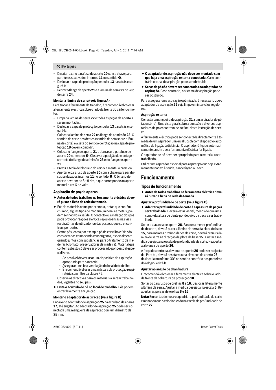 Funcionamento | Bosch GKS Professional 55 User Manual | Page 40 / 213