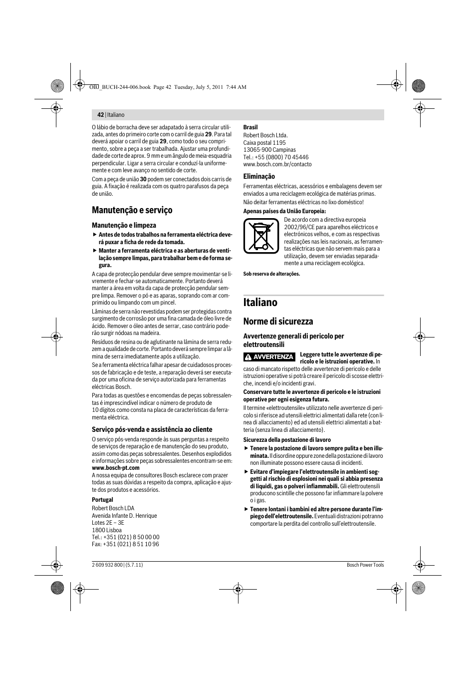 Italiano, Manutenção e serviço, Norme di sicurezza | Bosch GKS Professional 55 User Manual | Page 42 / 213