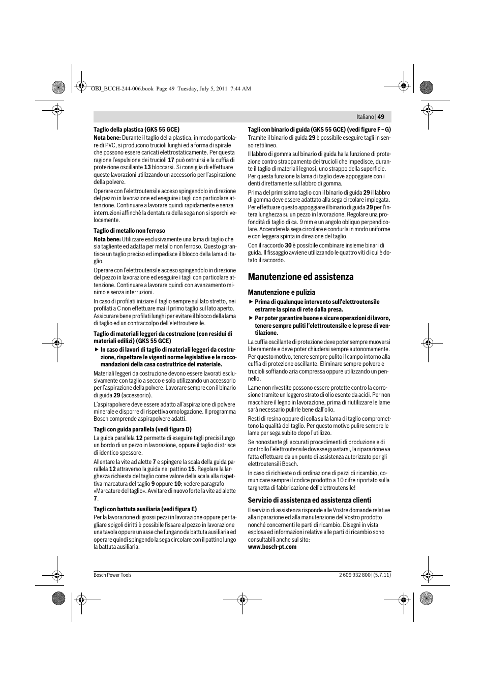 Manutenzione ed assistenza | Bosch GKS Professional 55 User Manual | Page 49 / 213