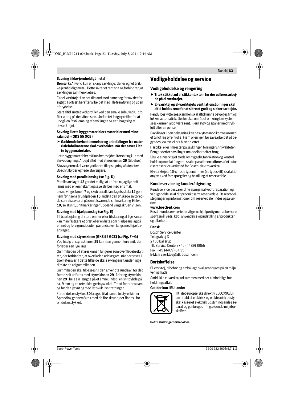 Vedligeholdelse og service | Bosch GKS Professional 55 User Manual | Page 63 / 213