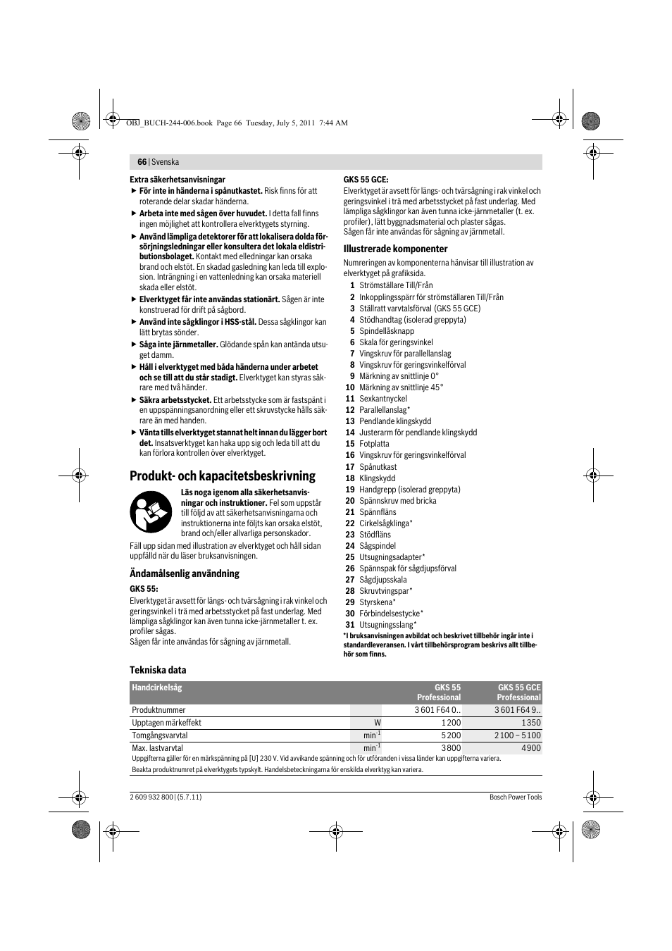 Produkt- och kapacitetsbeskrivning | Bosch GKS Professional 55 User Manual | Page 66 / 213