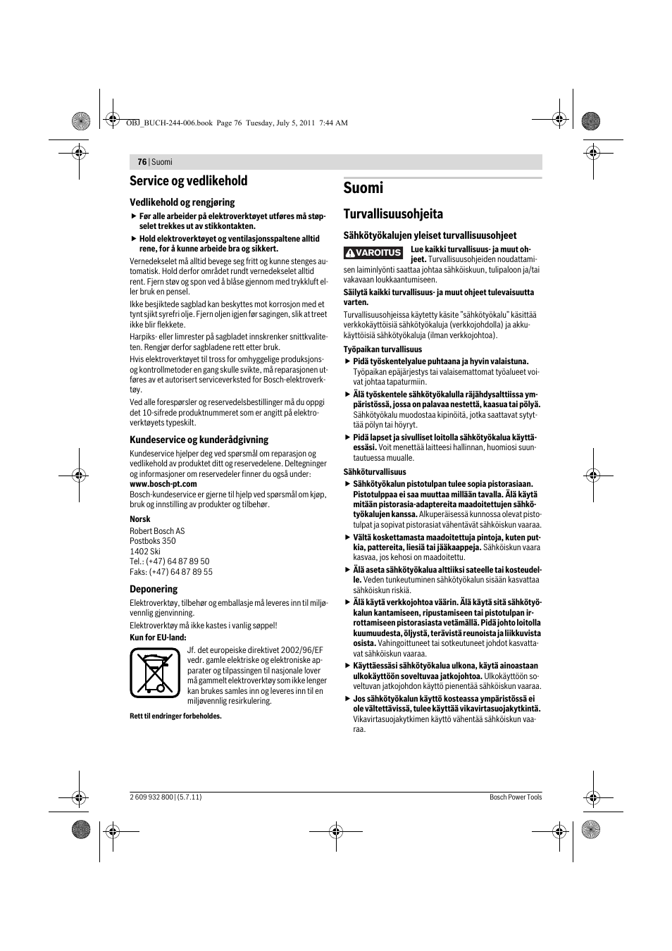 Suomi, Service og vedlikehold, Turvallisuusohjeita | Bosch GKS Professional 55 User Manual | Page 76 / 213