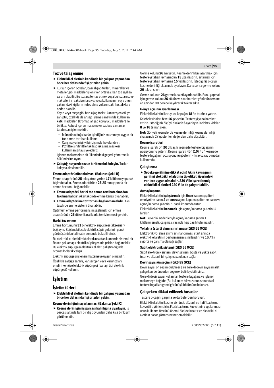 Işletim | Bosch GKS Professional 55 User Manual | Page 95 / 213