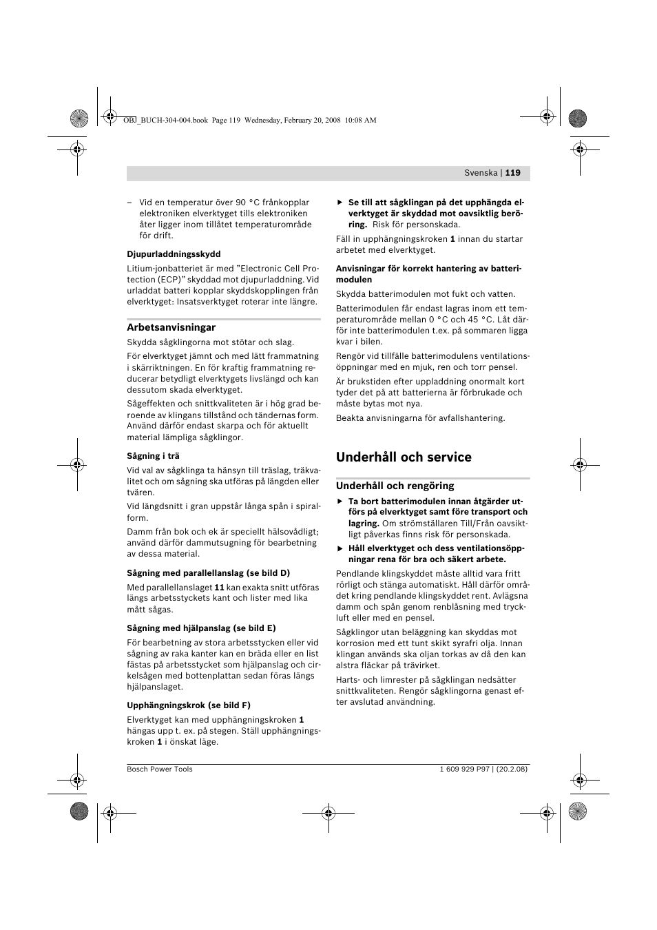 Underhåll och service | Bosch GKS 36 V-LI Professional User Manual | Page 119 / 349