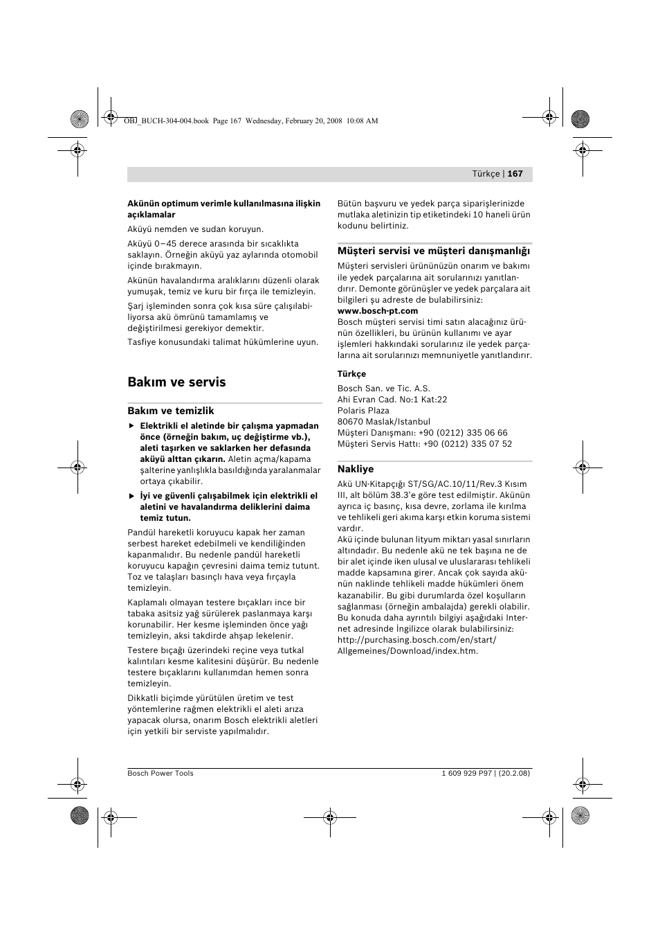 Bak m ve servis | Bosch GKS 36 V-LI Professional User Manual | Page 167 / 349