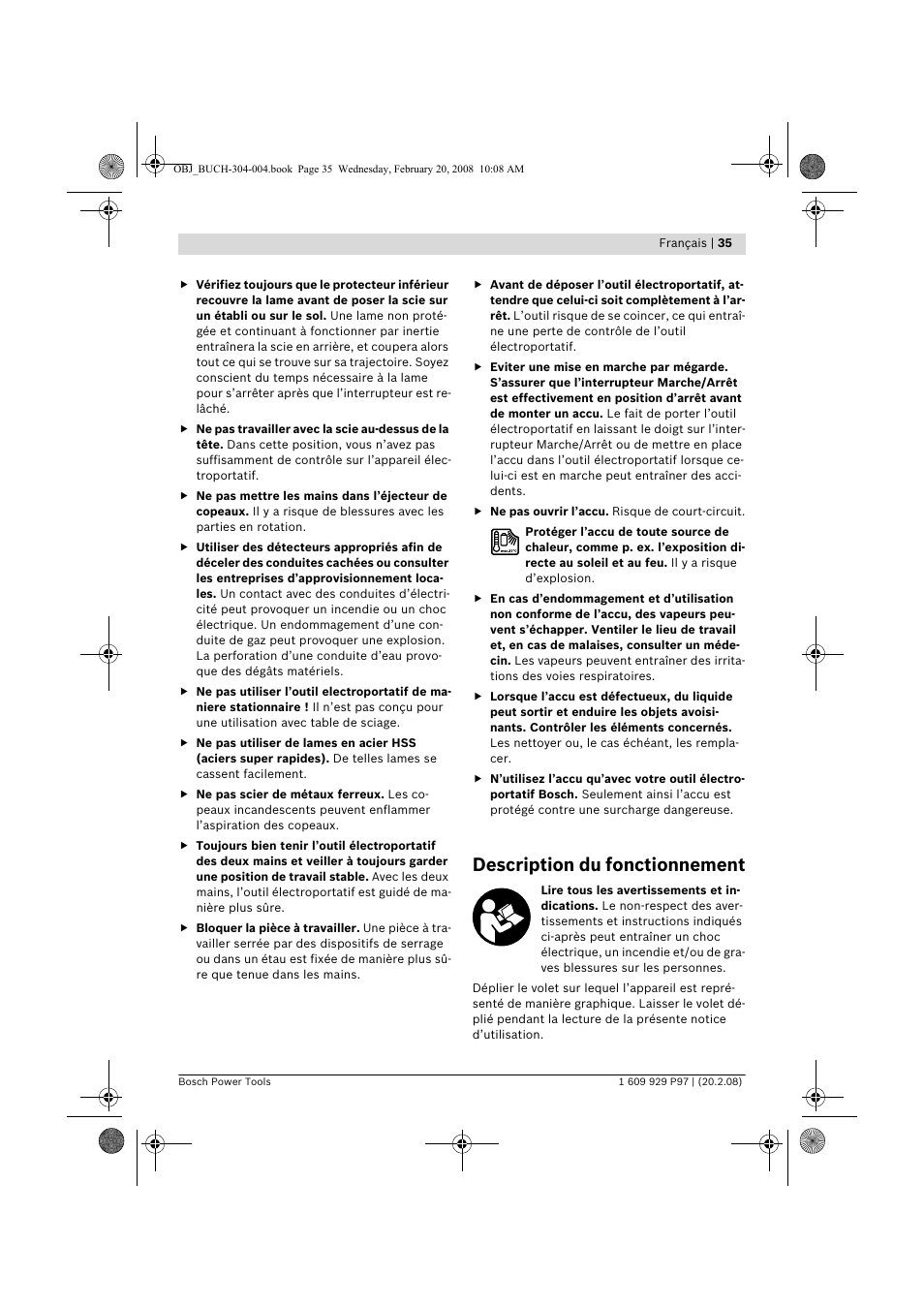 Description du fonctionnement | Bosch GKS 36 V-LI Professional User Manual | Page 35 / 349