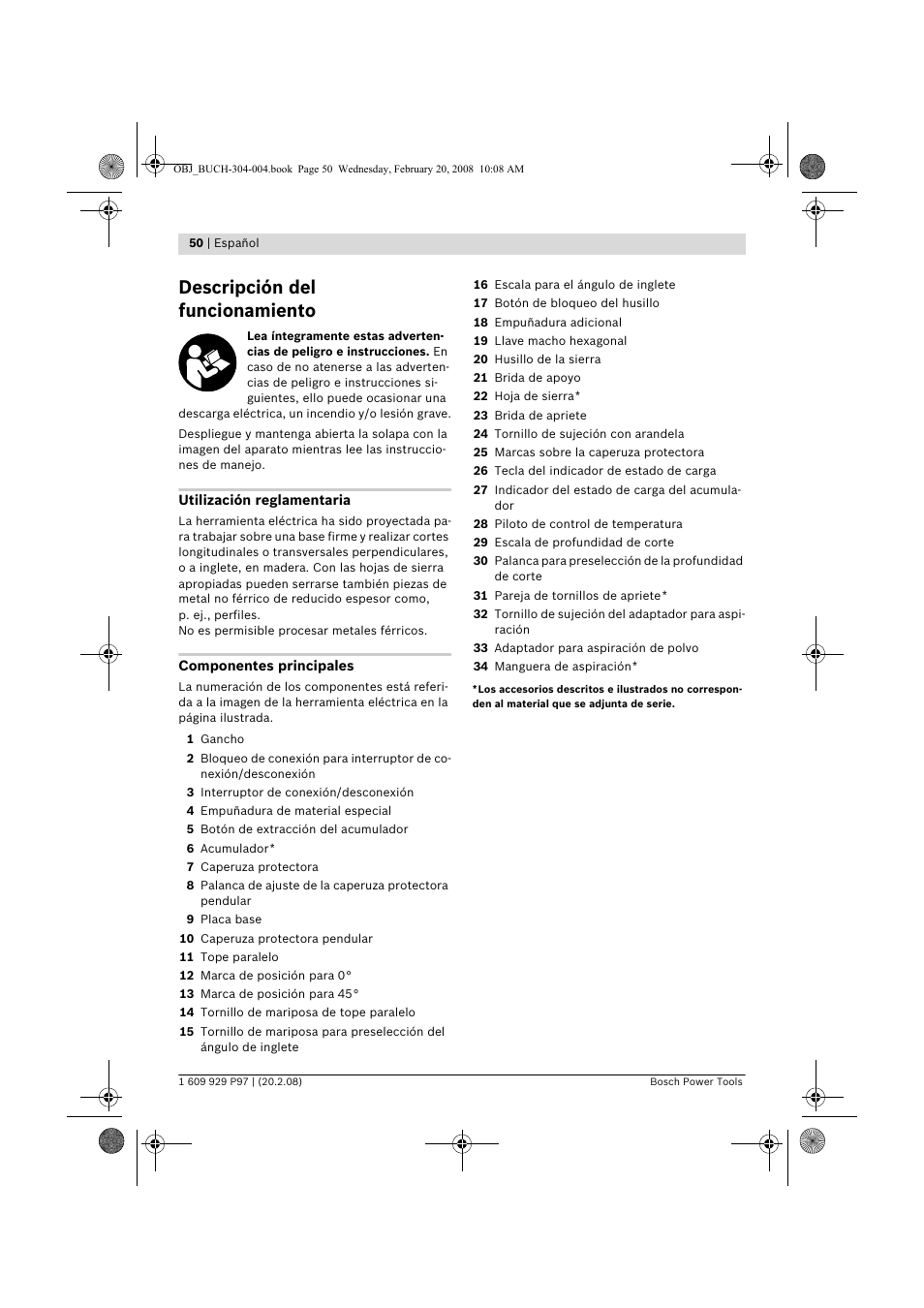 Descripción del funcionamiento | Bosch GKS 36 V-LI Professional User Manual | Page 50 / 349
