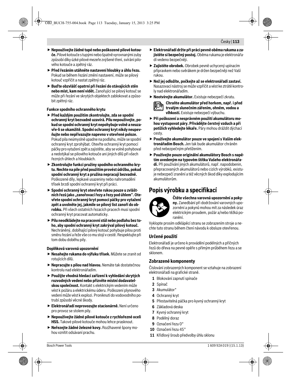 Popis výrobku a specifikací | Bosch GKS 18 V-LI Professional User Manual | Page 113 / 224