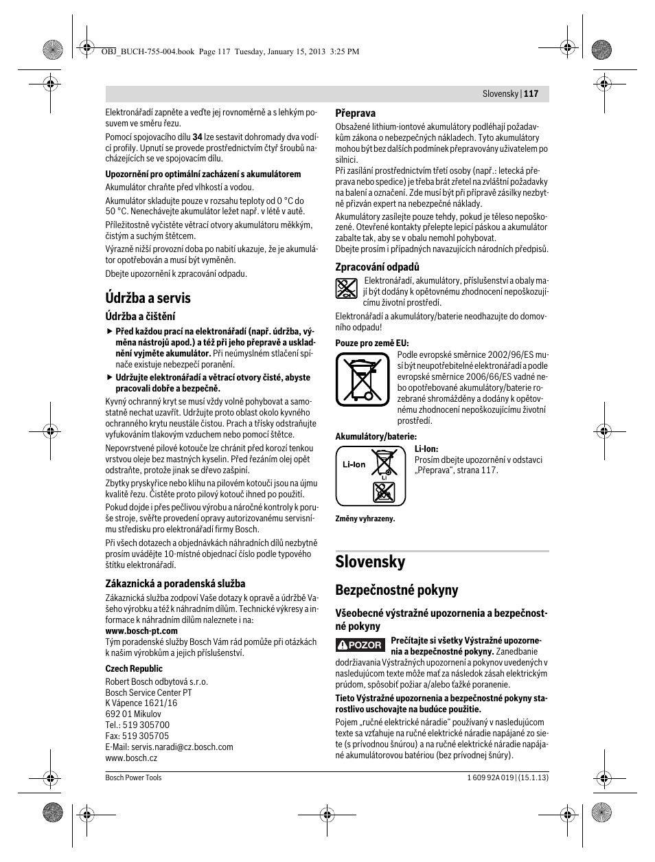 Slovensky, Údržba a servis, Bezpečnostné pokyny | Bosch GKS 18 V-LI Professional User Manual | Page 117 / 224