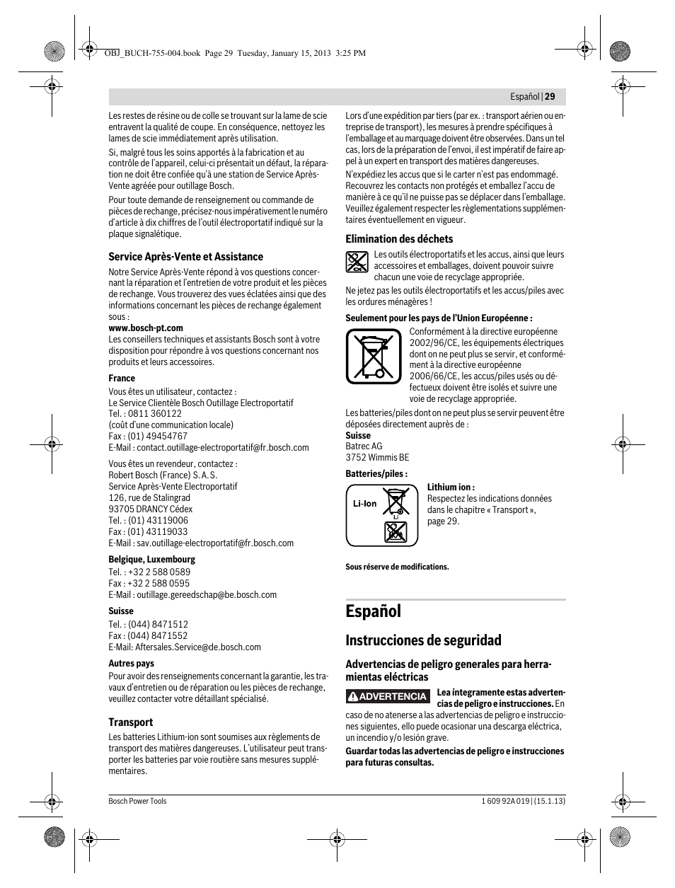 Español, Instrucciones de seguridad | Bosch GKS 18 V-LI Professional User Manual | Page 29 / 224