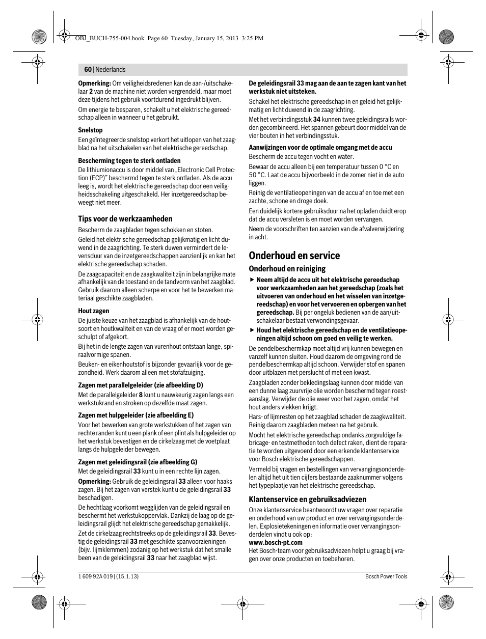 Onderhoud en service | Bosch GKS 18 V-LI Professional User Manual | Page 60 / 224