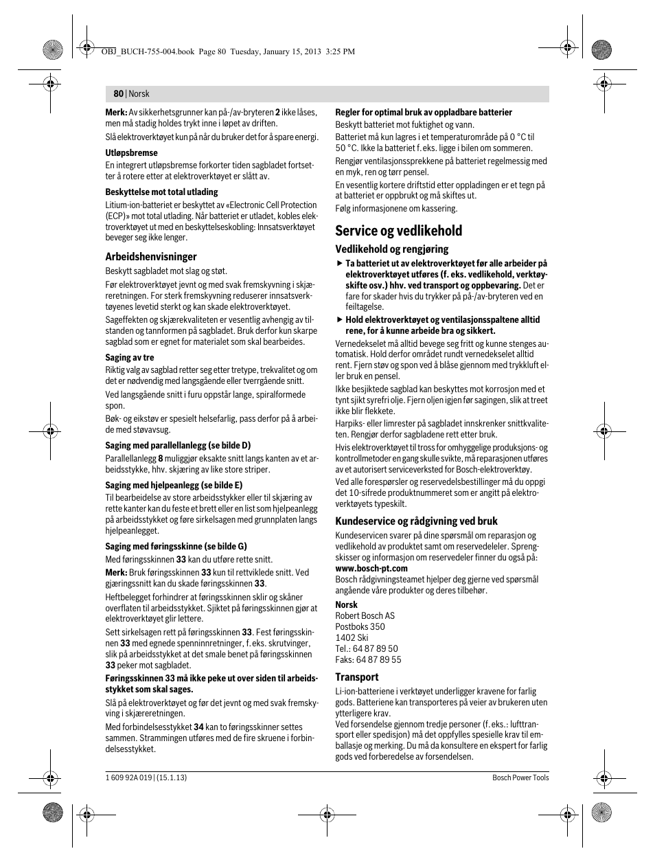 Service og vedlikehold | Bosch GKS 18 V-LI Professional User Manual | Page 80 / 224