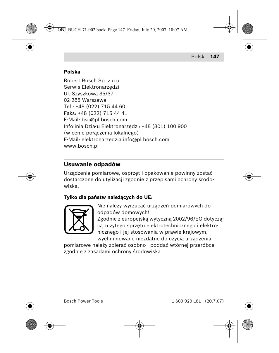 Usuwanie odpadów | Bosch BLE 200 Professional User Manual | Page 147 / 267