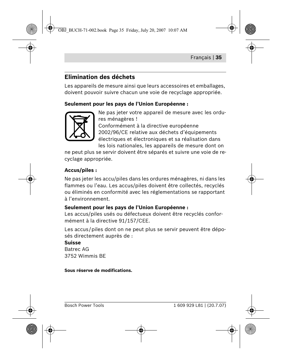 Elimination des déchets | Bosch BLE 200 Professional User Manual | Page 35 / 267