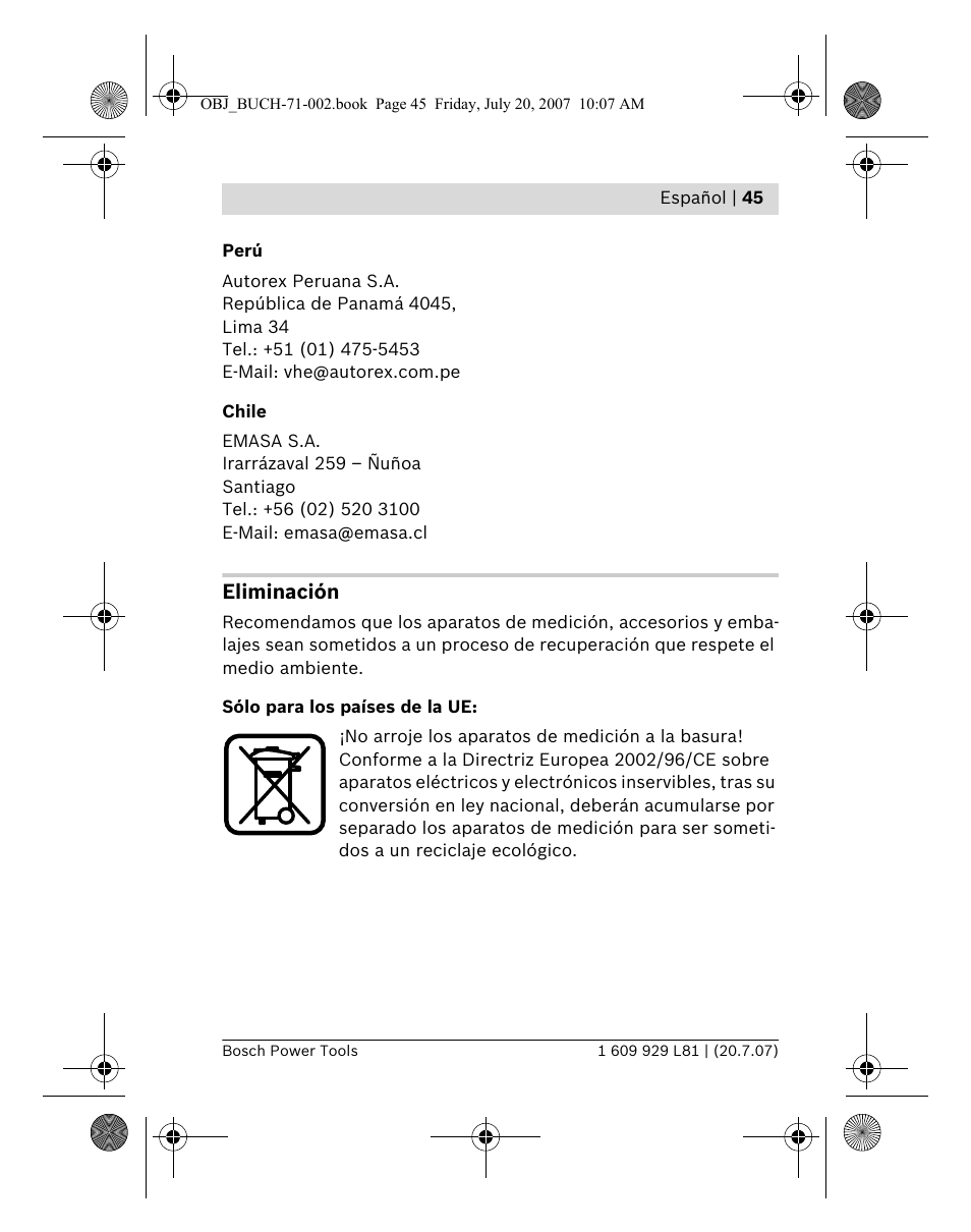 Eliminación | Bosch BLE 200 Professional User Manual | Page 45 / 267