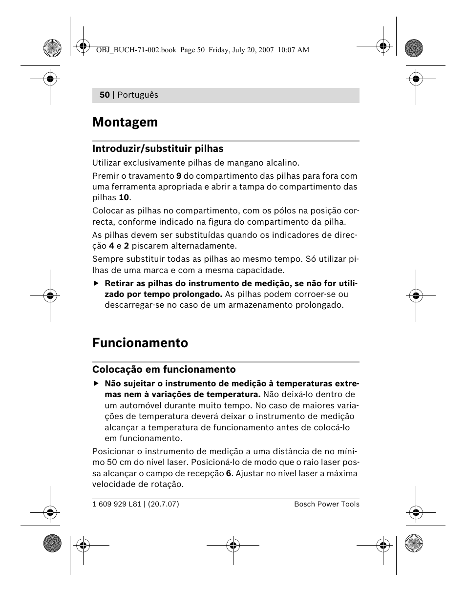 Montagem, Funcionamento | Bosch BLE 200 Professional User Manual | Page 50 / 267