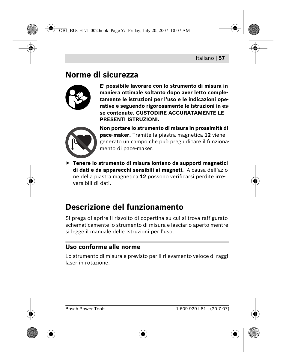 Norme di sicurezza, Descrizione del funzionamento | Bosch BLE 200 Professional User Manual | Page 57 / 267