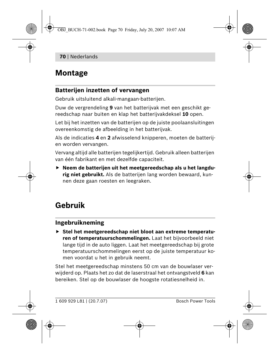 Montage, Gebruik | Bosch BLE 200 Professional User Manual | Page 70 / 267