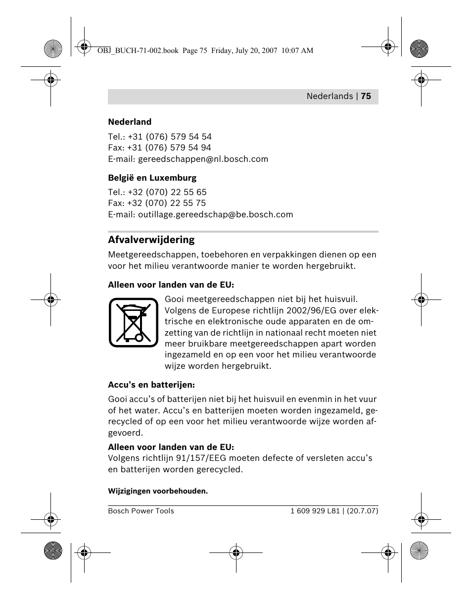 Afvalverwijdering | Bosch BLE 200 Professional User Manual | Page 75 / 267