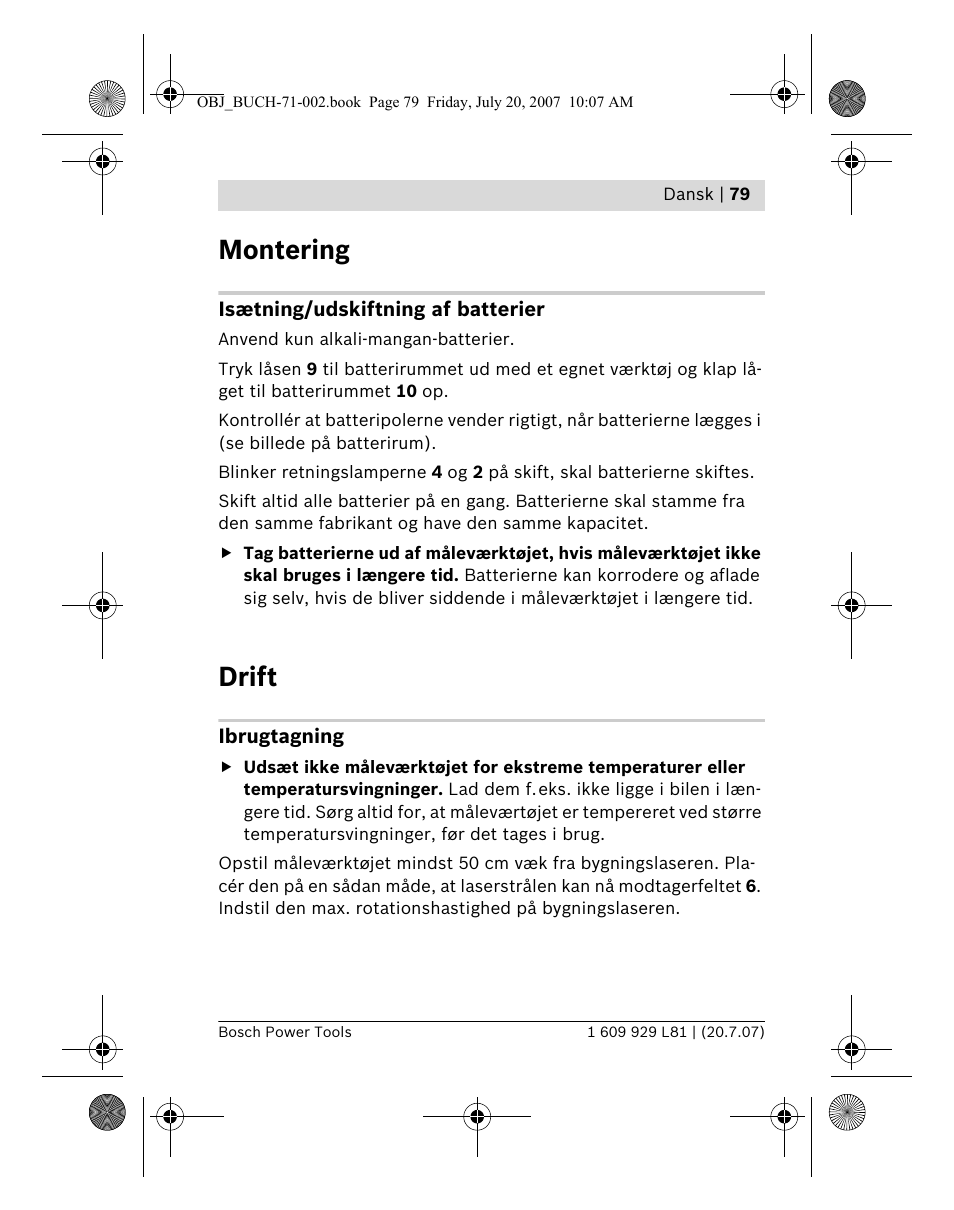 Montering, Drift | Bosch BLE 200 Professional User Manual | Page 79 / 267