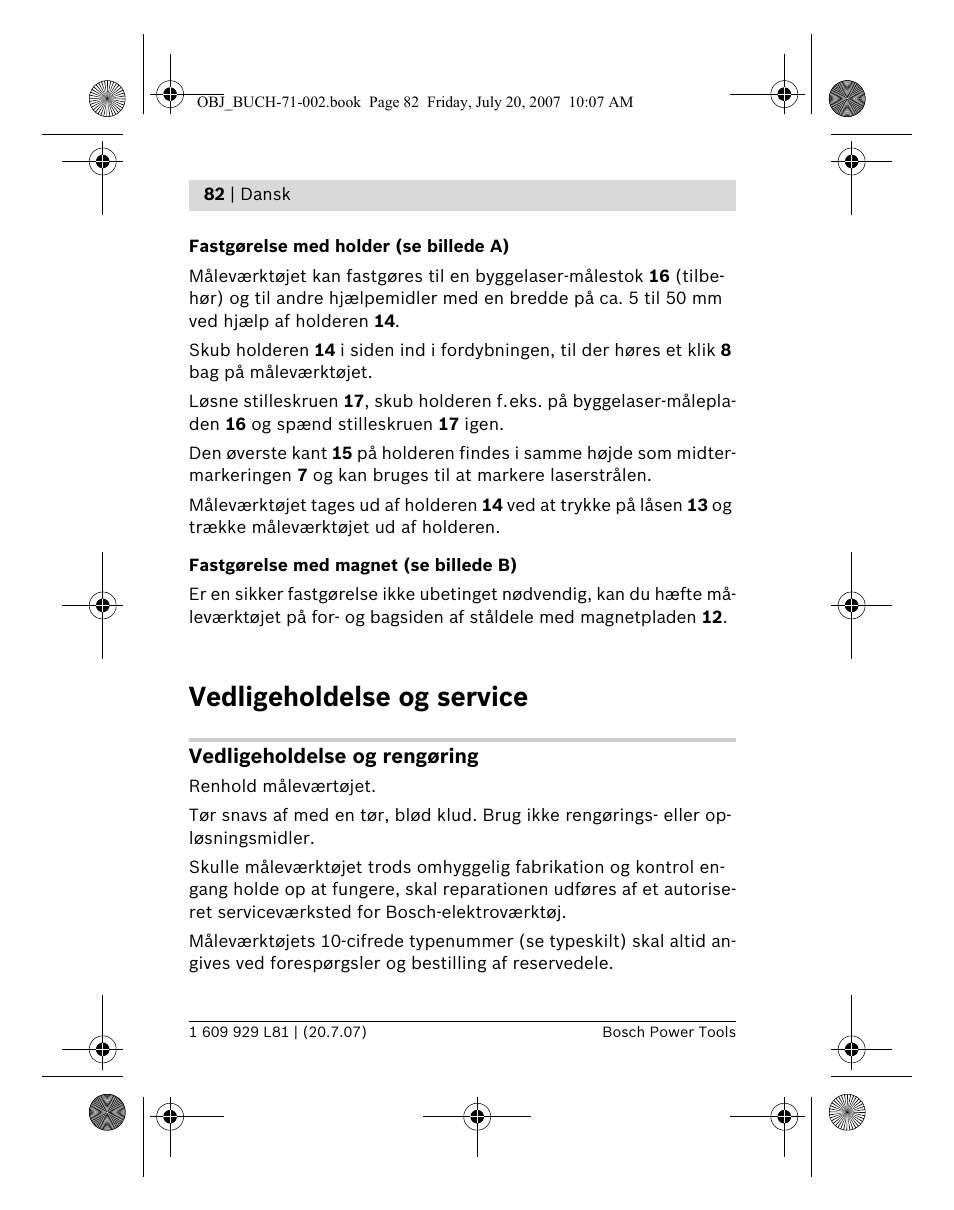 Vedligeholdelse og service | Bosch BLE 200 Professional User Manual | Page 82 / 267