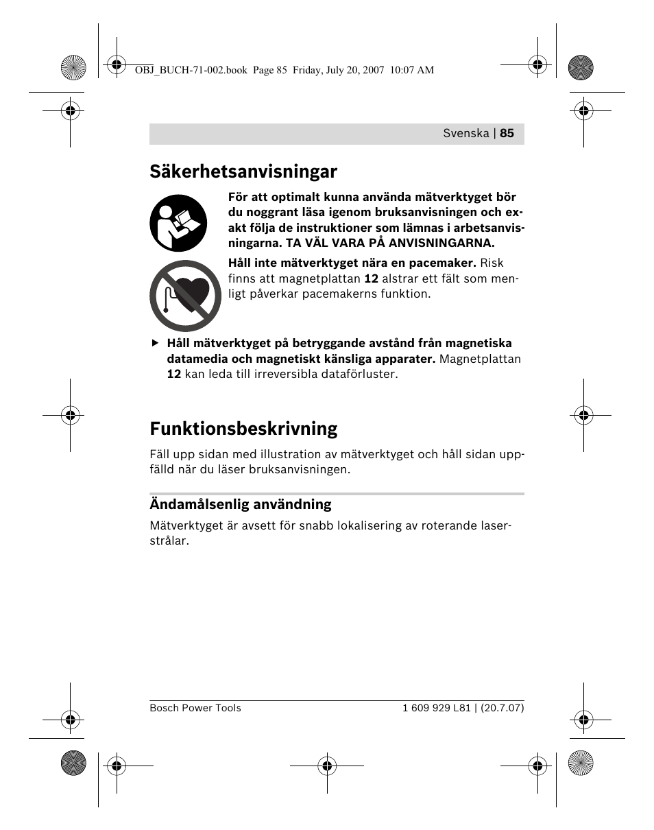Säkerhetsanvisningar, Funktionsbeskrivning | Bosch BLE 200 Professional User Manual | Page 85 / 267