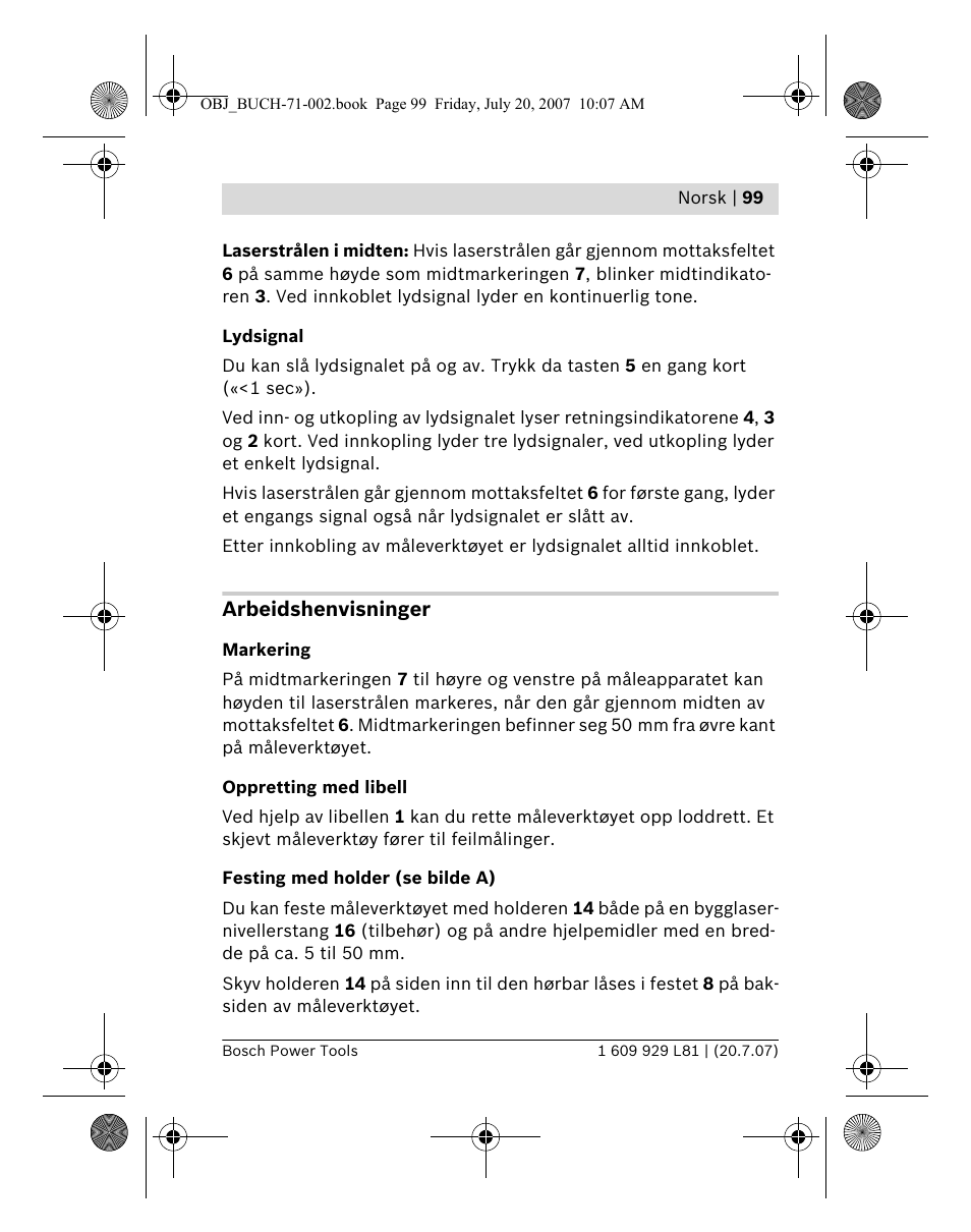 Arbeidshenvisninger | Bosch BLE 200 Professional User Manual | Page 99 / 267