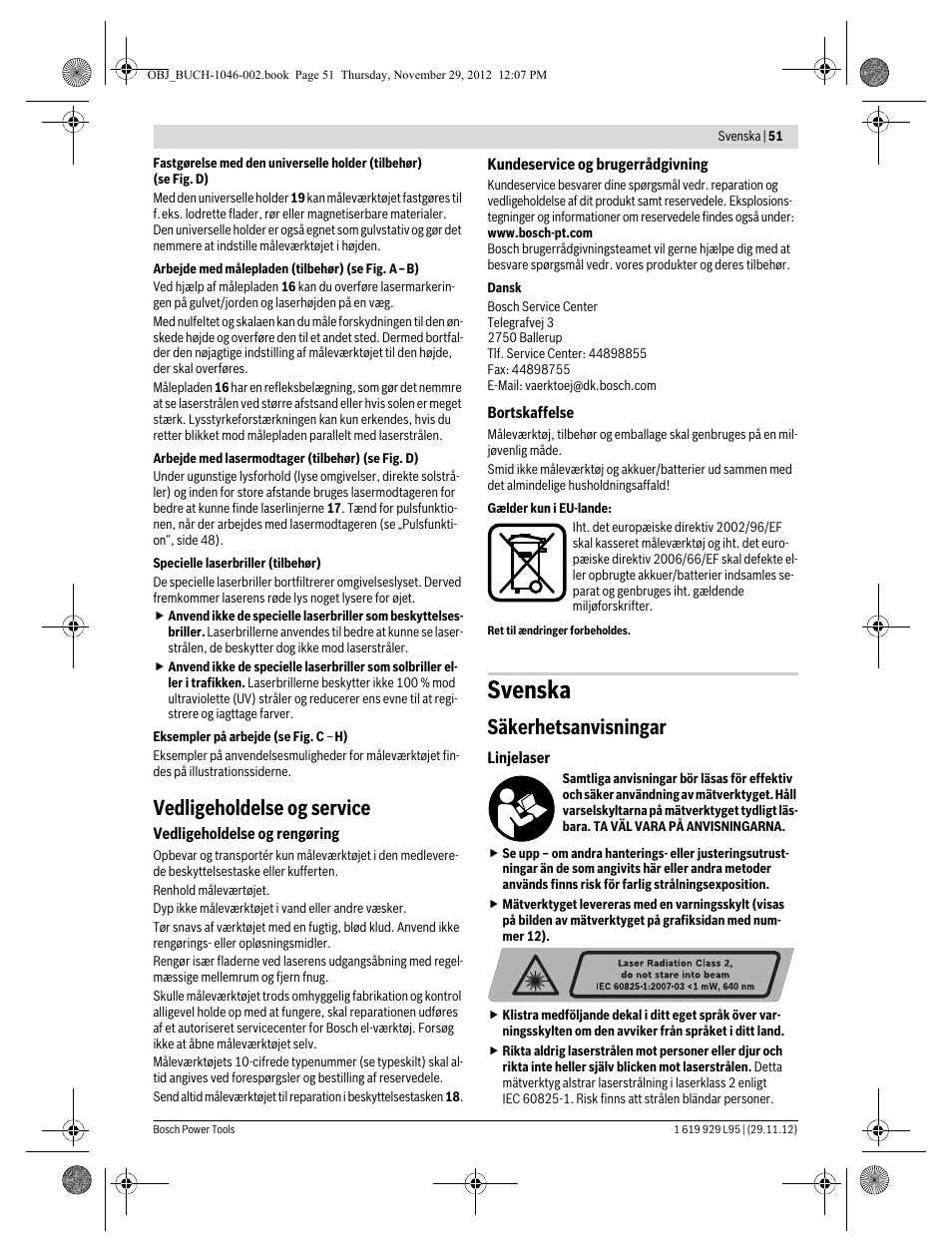 Svenska, Vedligeholdelse og service, Säkerhetsanvisningar | Bosch GLL 3-80 P Professional User Manual | Page 51 / 196