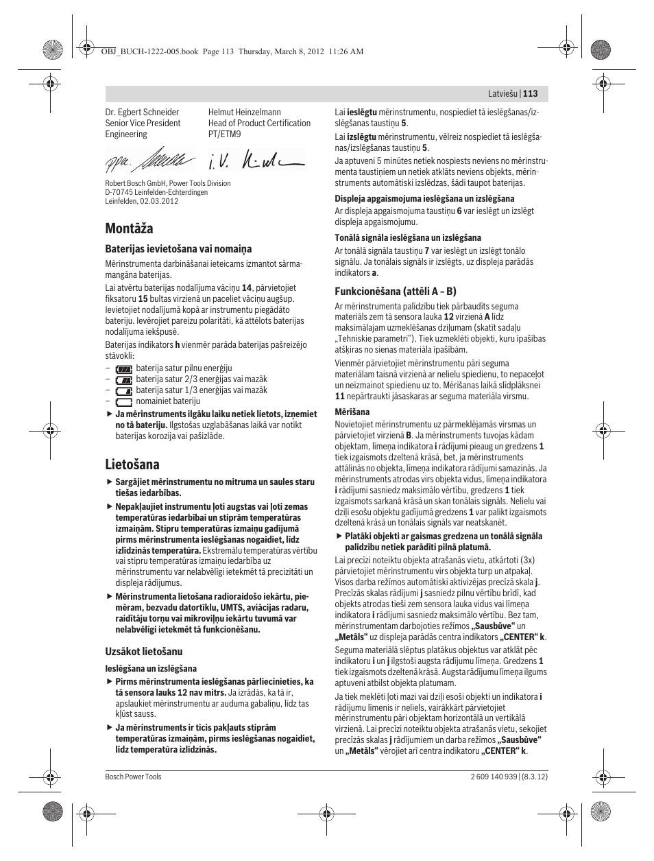 Montāža, Lietošana | Bosch GMS 120 Professional User Manual | Page 113 / 156