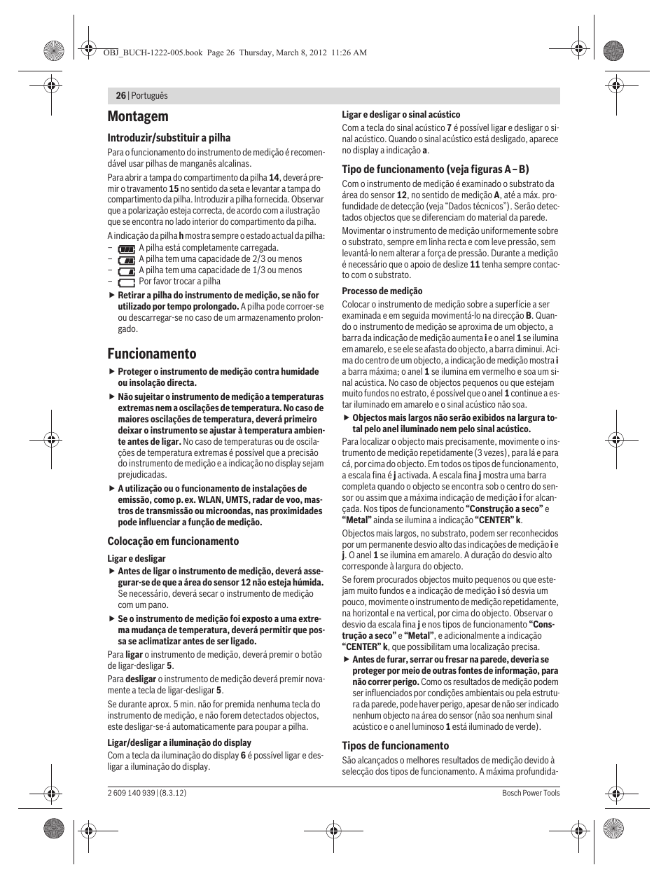 Montagem, Funcionamento | Bosch GMS 120 Professional User Manual | Page 26 / 156