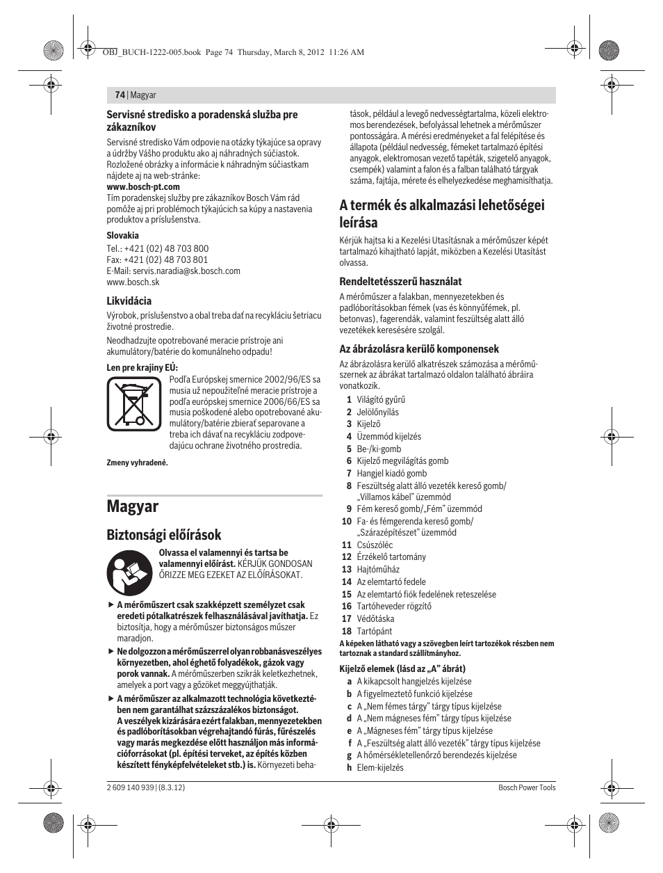 Magyar, Biztonsági előírások, A termék és alkalmazási lehetőségei leírása | Bosch GMS 120 Professional User Manual | Page 74 / 156