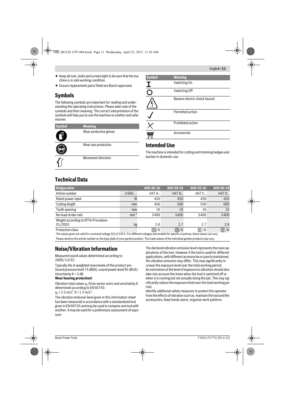 Symbols, Intended use, Technical data noise/vibration information | Bosch AHS 45-16 User Manual | Page 11 / 144