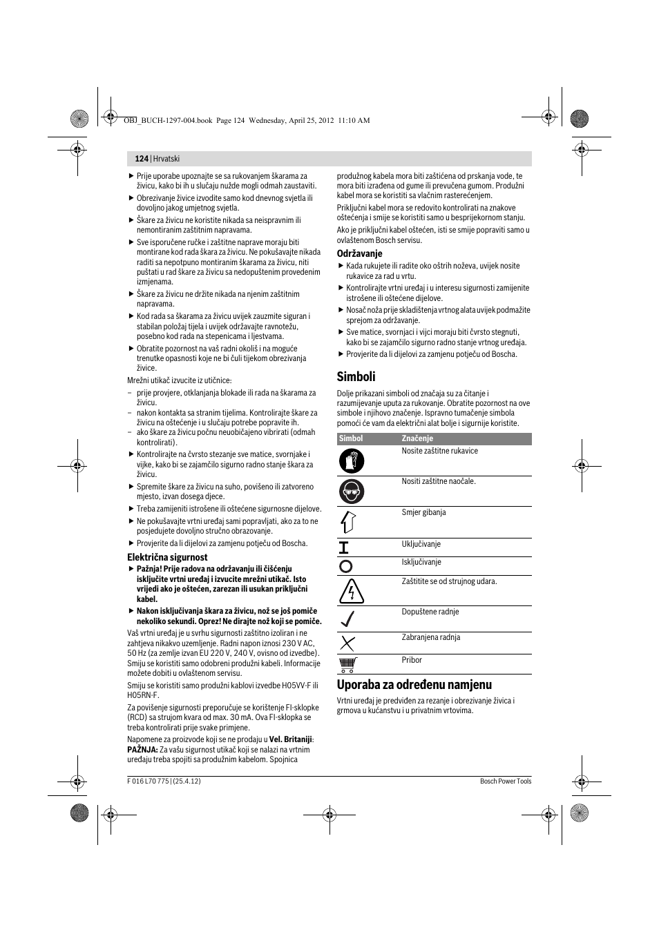 Simboli, Uporaba za određenu namjenu | Bosch AHS 45-16 User Manual | Page 124 / 144