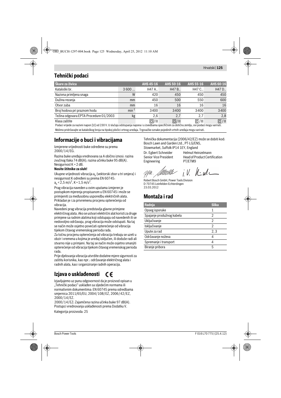 Tehnički podaci informacije o buci i vibracijama, Izjava o usklađenosti, Montaža i rad | Bosch AHS 45-16 User Manual | Page 125 / 144