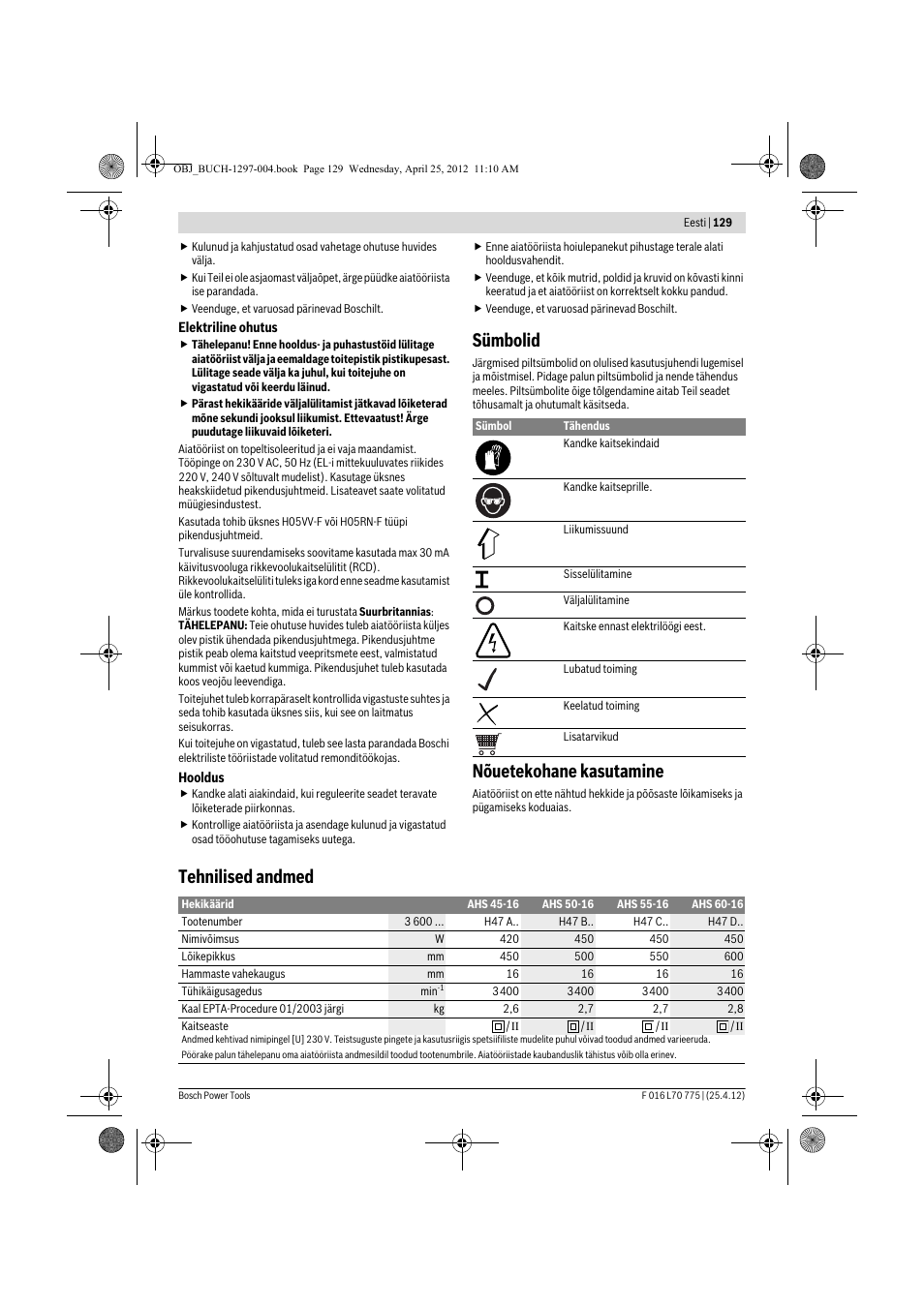 Sümbolid, Nõuetekohane kasutamine, Tehnilised andmed | Bosch AHS 45-16 User Manual | Page 129 / 144