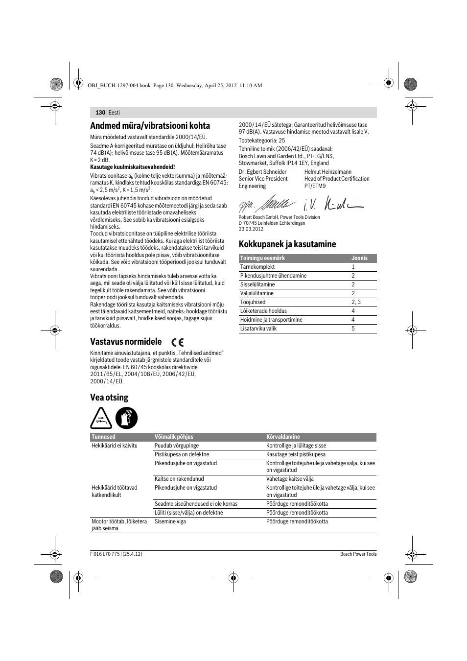 Andmed müra/vibratsiooni kohta, Vastavus normidele, Kokkupanek ja kasutamine vea otsing | Bosch AHS 45-16 User Manual | Page 130 / 144