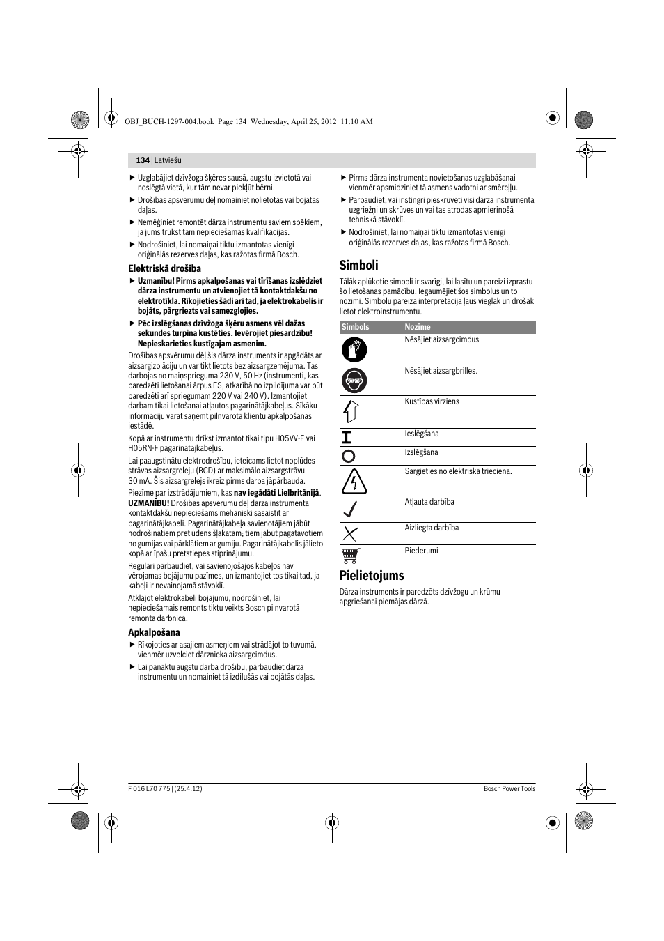 Simboli, Pielietojums | Bosch AHS 45-16 User Manual | Page 134 / 144