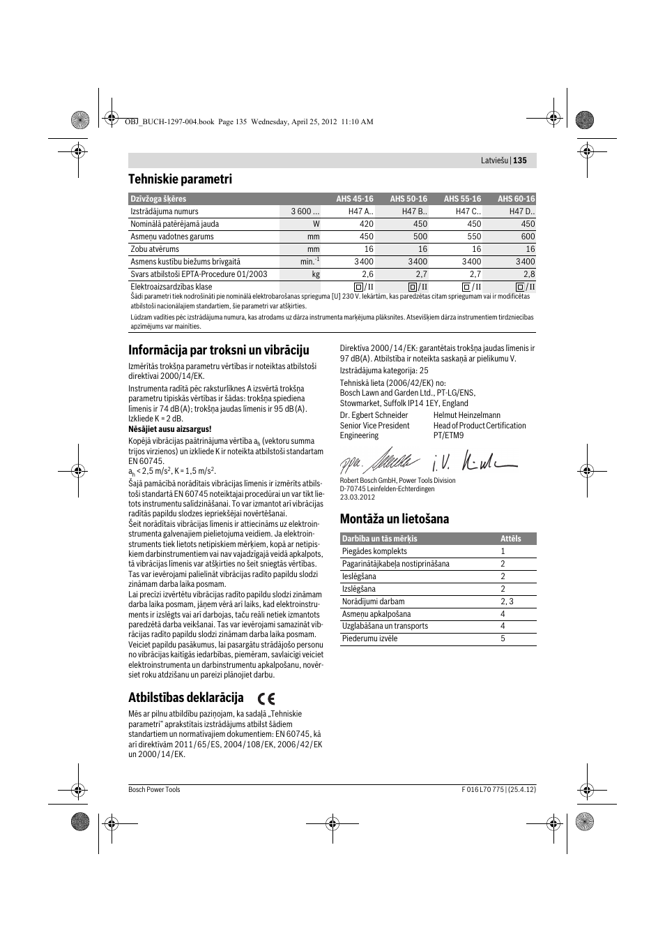 Atbilstības deklarācija, Montāža un lietošana | Bosch AHS 45-16 User Manual | Page 135 / 144