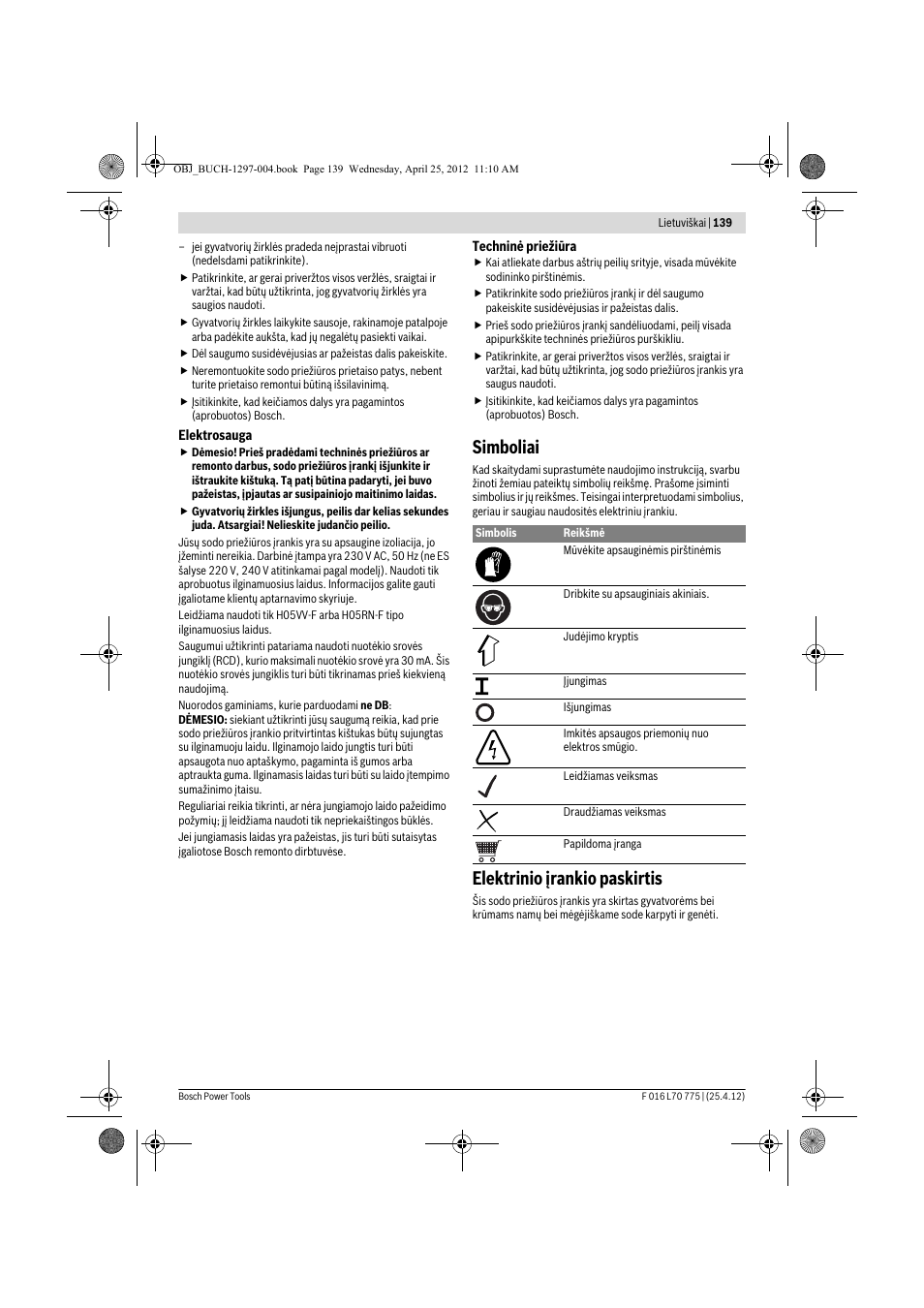 Simboliai, Elektrinio įrankio paskirtis | Bosch AHS 45-16 User Manual | Page 139 / 144