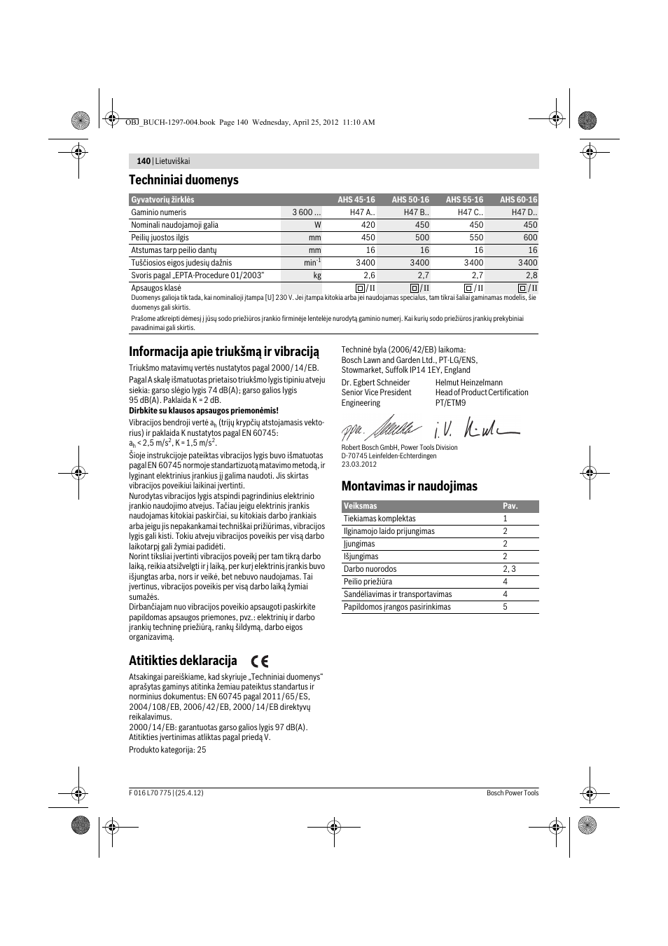 Atitikties deklaracija, Montavimas ir naudojimas | Bosch AHS 45-16 User Manual | Page 140 / 144