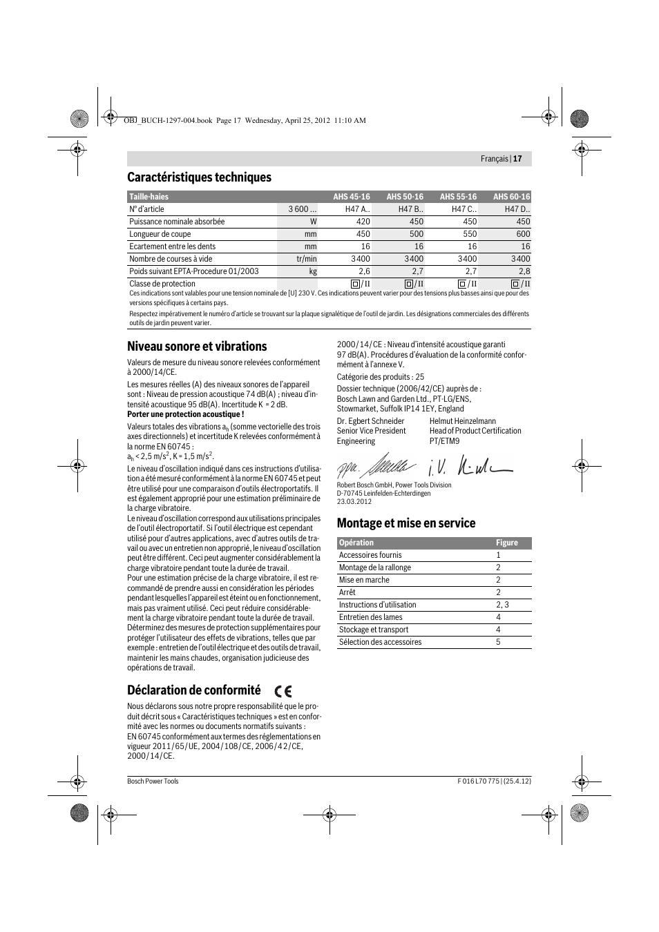 Déclaration de conformité, Montage et mise en service | Bosch AHS 45-16 User Manual | Page 17 / 144