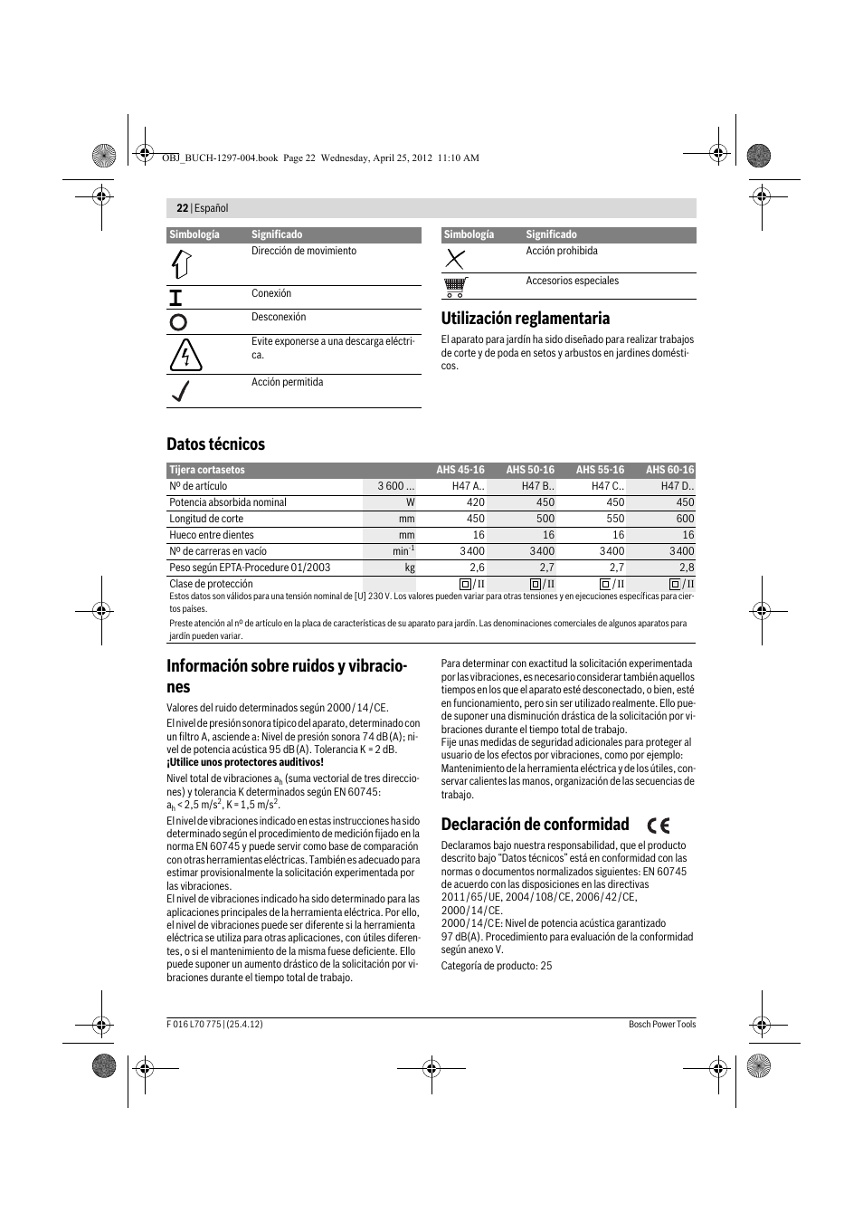 Utilización reglamentaria, Declaración de conformidad | Bosch AHS 45-16 User Manual | Page 22 / 144