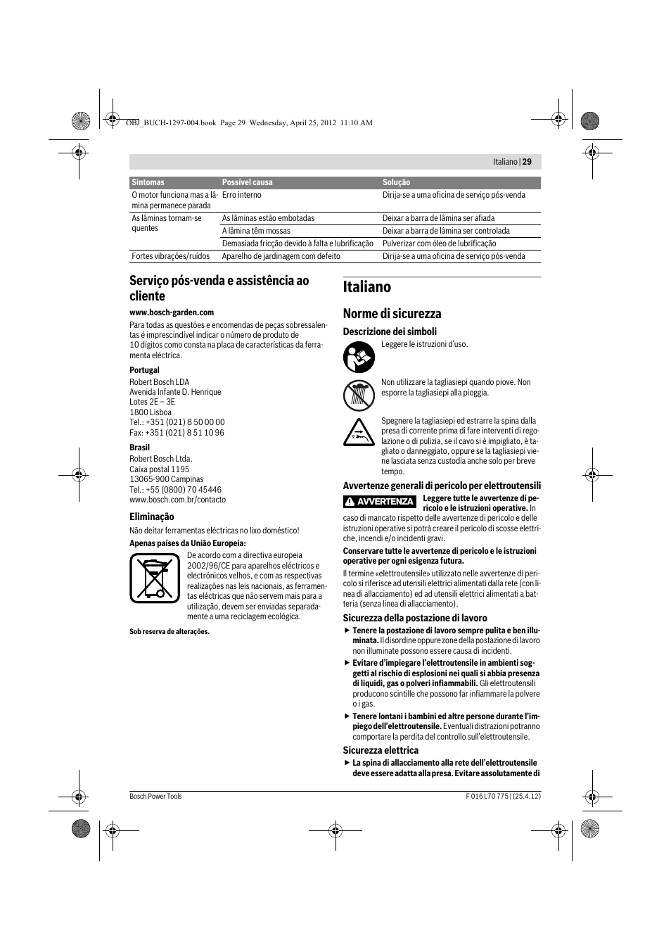 Italiano, Serviço pós-venda e assistência ao cliente, Norme di sicurezza | Bosch AHS 45-16 User Manual | Page 29 / 144