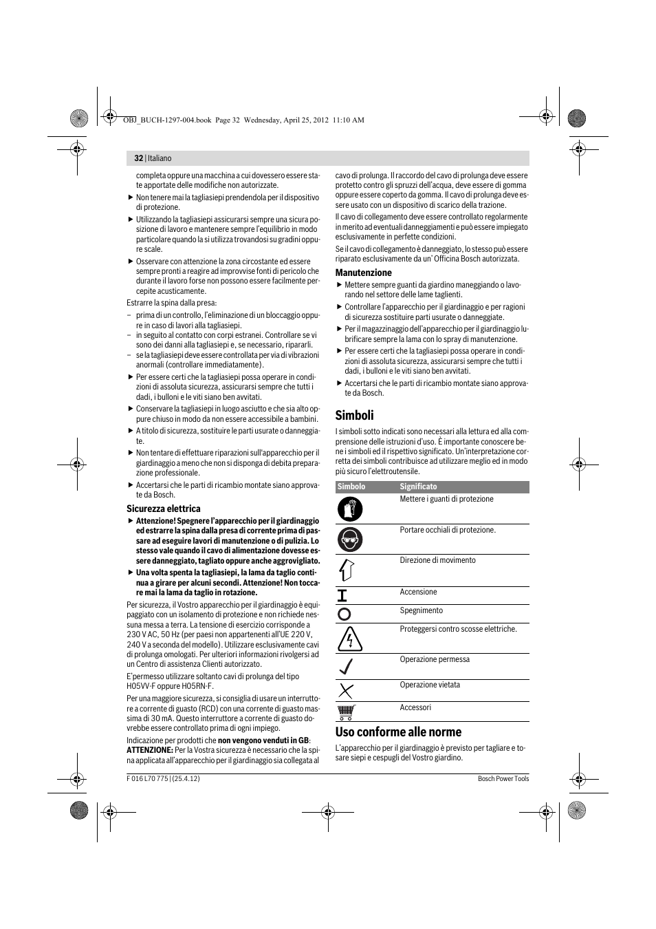 Simboli, Uso conforme alle norme | Bosch AHS 45-16 User Manual | Page 32 / 144