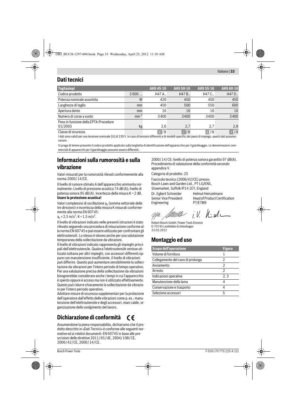 Dichiarazione di conformità, Montaggio ed uso | Bosch AHS 45-16 User Manual | Page 33 / 144